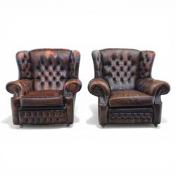 Georgian design Chesterfield lounge suite, comprising highbacked four seat sofa and pair armchairs, upholstered in chocolate brown leather, Armchairs (H 90cm, W 91cm) Sofa (H 91cm, W 238cm)