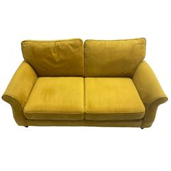 Next Furniture - traditional shaped three-seat sofa, upholstered in mustard velvet, rolled arms with pipping, on turned front feet