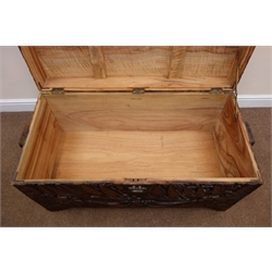  Early 20th century camphor wood chest, hinged lid with clasp and stay, heavily carved depicting with ships and dragons, shaped bracket supports, W105cm, h58cm, D51cm  