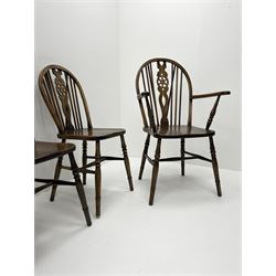 Set six (4+2) stained beech wheel and hoop back dining chairs, turned supports joined by stretchers 