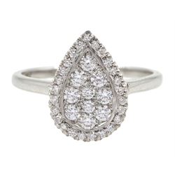 18ct white gold pave set diamond pear shaped ring, stamped 750