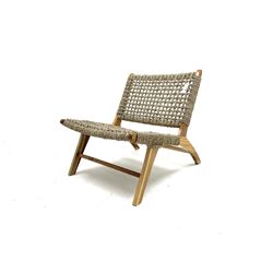 Teak framed chair, woven back and seat, shaped supports joined by stretcher 