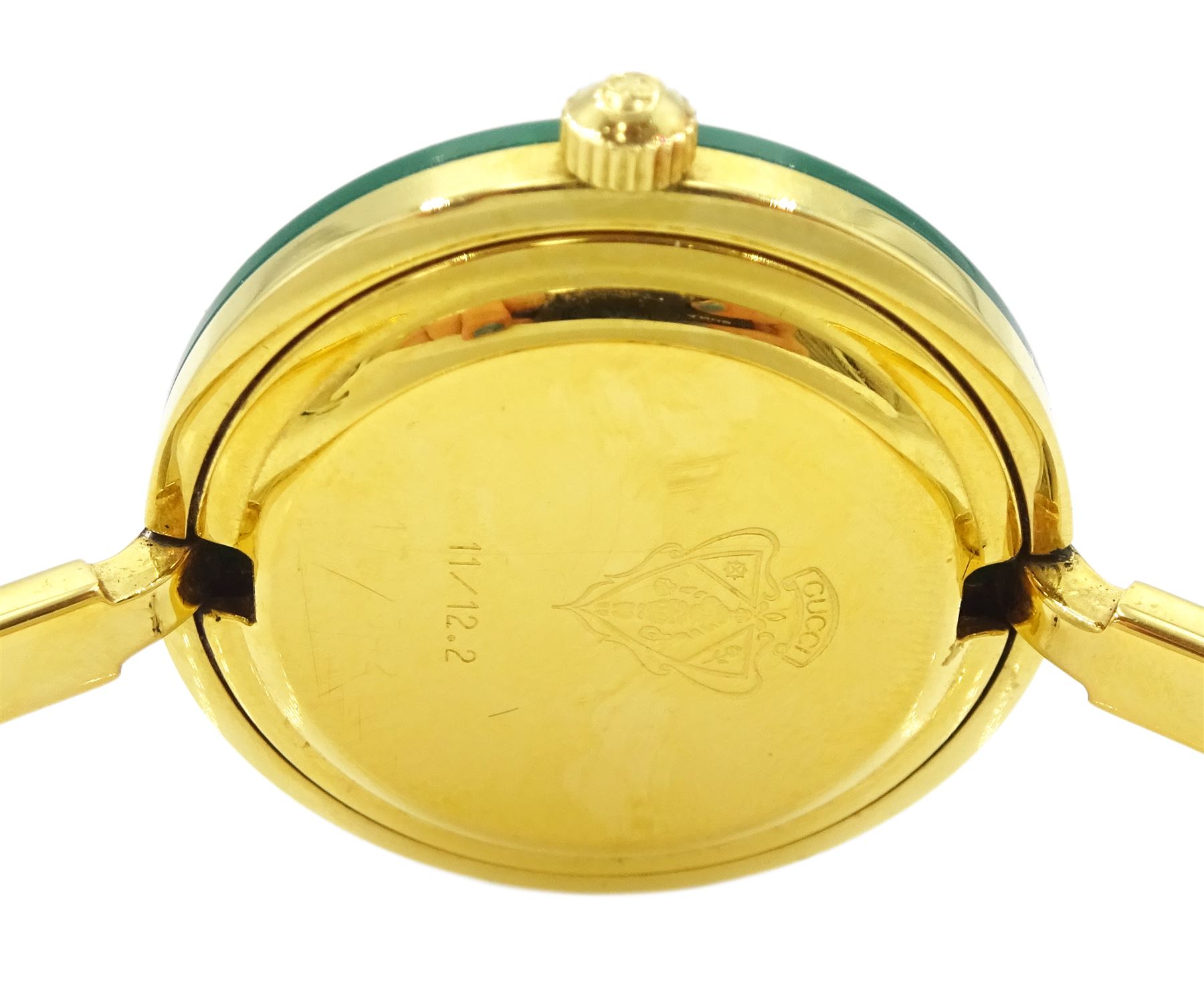 Gucci ladies gold-plated quartz wristwatch, Ref. 11/12.2, with eleven interchangeable coloured ring bezels, boxed with warranty card dated 1997 