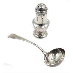  George III silver pepper caster, London 1764 and silver ladle by John, Henry & Charles Lias  London 1827, approx 3.6oz  