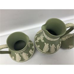 Collection of  Wedgwood green Jasperware, to include large jug, vases, trinket dishes, etc together with two teal Jasperware vases 