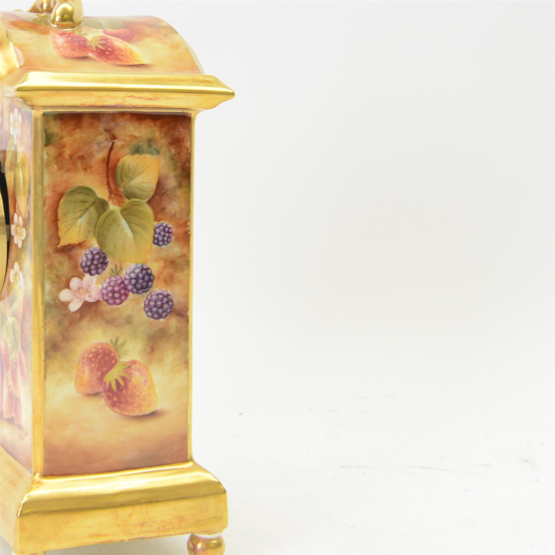 Late 20th century limited edition Royal Worcester mantle clock, hand painted by Jason Bowman with a still life of fruit upon mossy ground, signed J Bowman, with marks beneath including limited edition no 53/200, H27cm, with makers fitted card box 