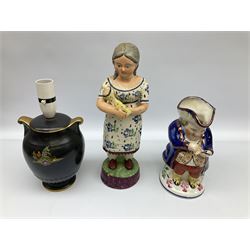 Group of assorted ceramics, to include 19th century Staffordshire figure modelled as a young girl with doll, Toby jug with lustre decoration, part Grafton coffee set, Crown Devon lamp base, blue and white transfer printed jug and cover decorated in the Arcadian Chariots pattern, and a Crown Devon mug with transfer printed decoration in green, etc., in one box 