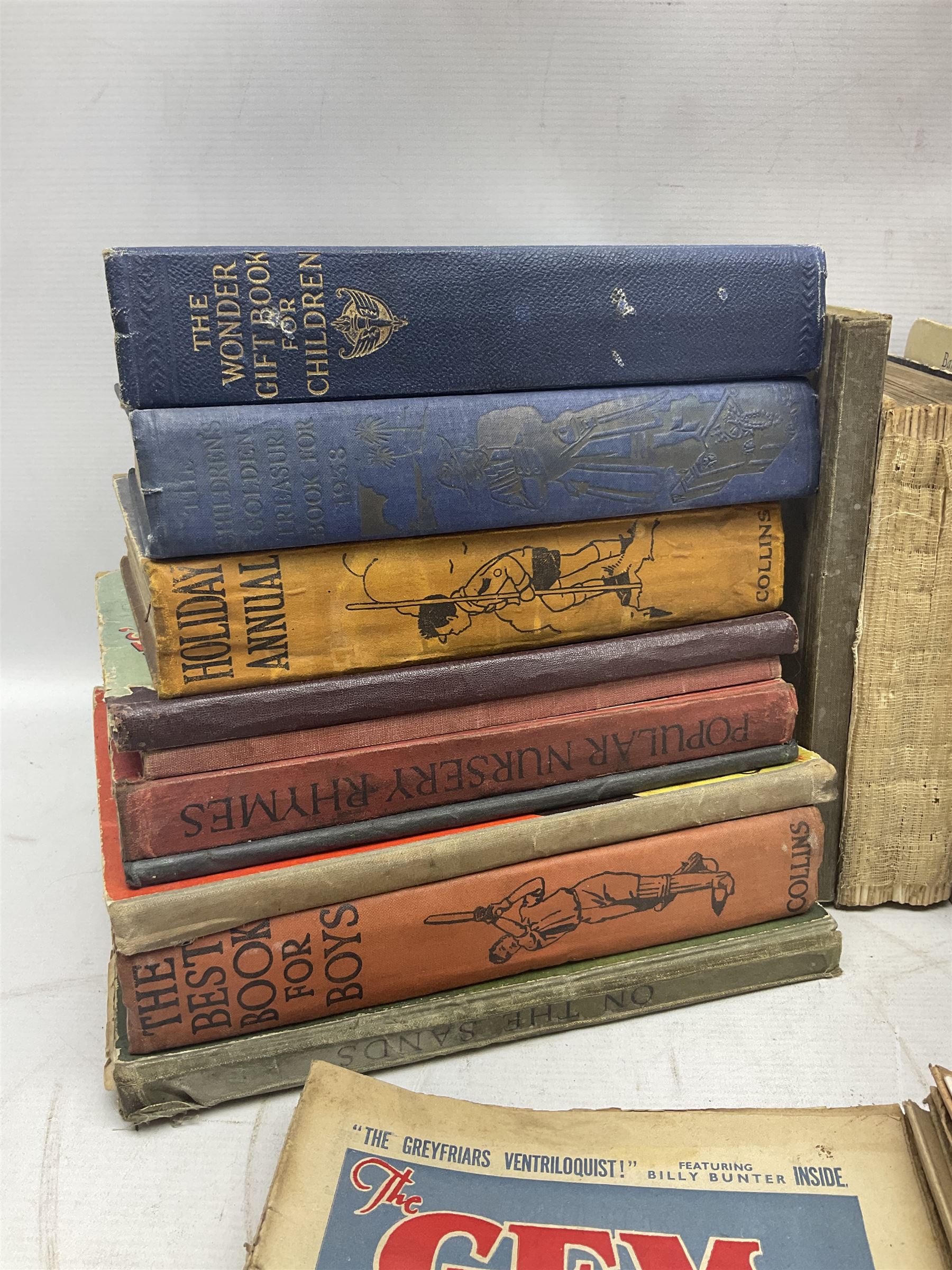 1930s Glevum Series boxed set of 'Coloured and Polished Building Bricks' with instructions; and quantity of 19th century and later children's books including The Fairy-Land of Science by Arabella B. Buckley. 1879; The Wonder Gift Book for Children 1933; The Greyfriars Holiday Annual 1938; The Willie Waddle Book 1933; twelve editions of School Boys Own Library 1937/8; Rainbow Annual 1952 etc