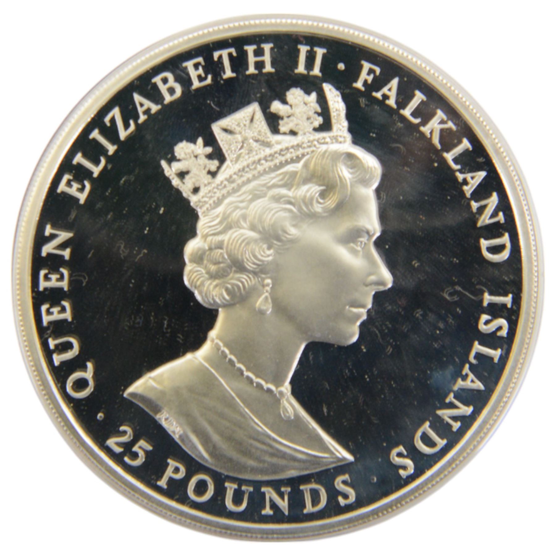 The Royal Mint Falkland Islands 1983 '150th Anniversary' sterling silver fifty pence coin and  1985 '100 Years Of Self Sufficiency' twenty-five pounds sterling silver proof coin, both cased with certificates