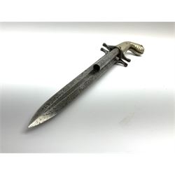 Rare double barrel percussion knife pistol by Dumonthier & Sons (NVN), approx. .38 calibre, with 8.5cm barrels and central 21.5cm spear pointed blade, all with etched damascening, upper quillons serve as hammers for the percussion ignition with single drop down trigger and fluted nickel grips, in nickel mounted leather covered tin scabbard L33.5cm overall