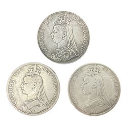 Three Queen Victoria crown coins, dated 1889, 1890 and 1891