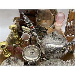 Wall mounted three tier letter rack silver-plated and other metalware to include brass candlesticks, glassware, decanter, wood bowl and cover, carved wood panel decorated with rhinos, lions, figures etc in one box 