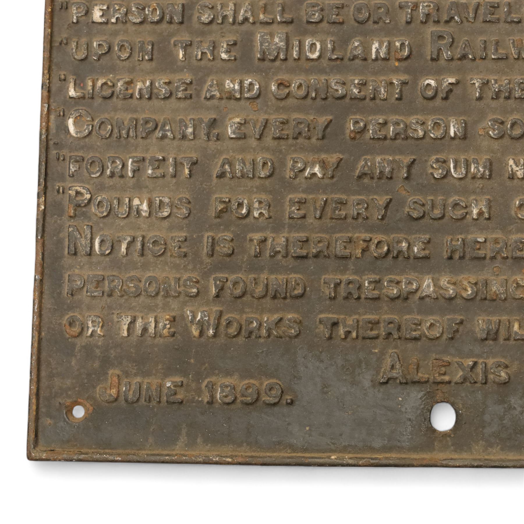 Late Victorian cast iron Midland Railway trespassing sign, dated June 1899, H51cm, W68cm