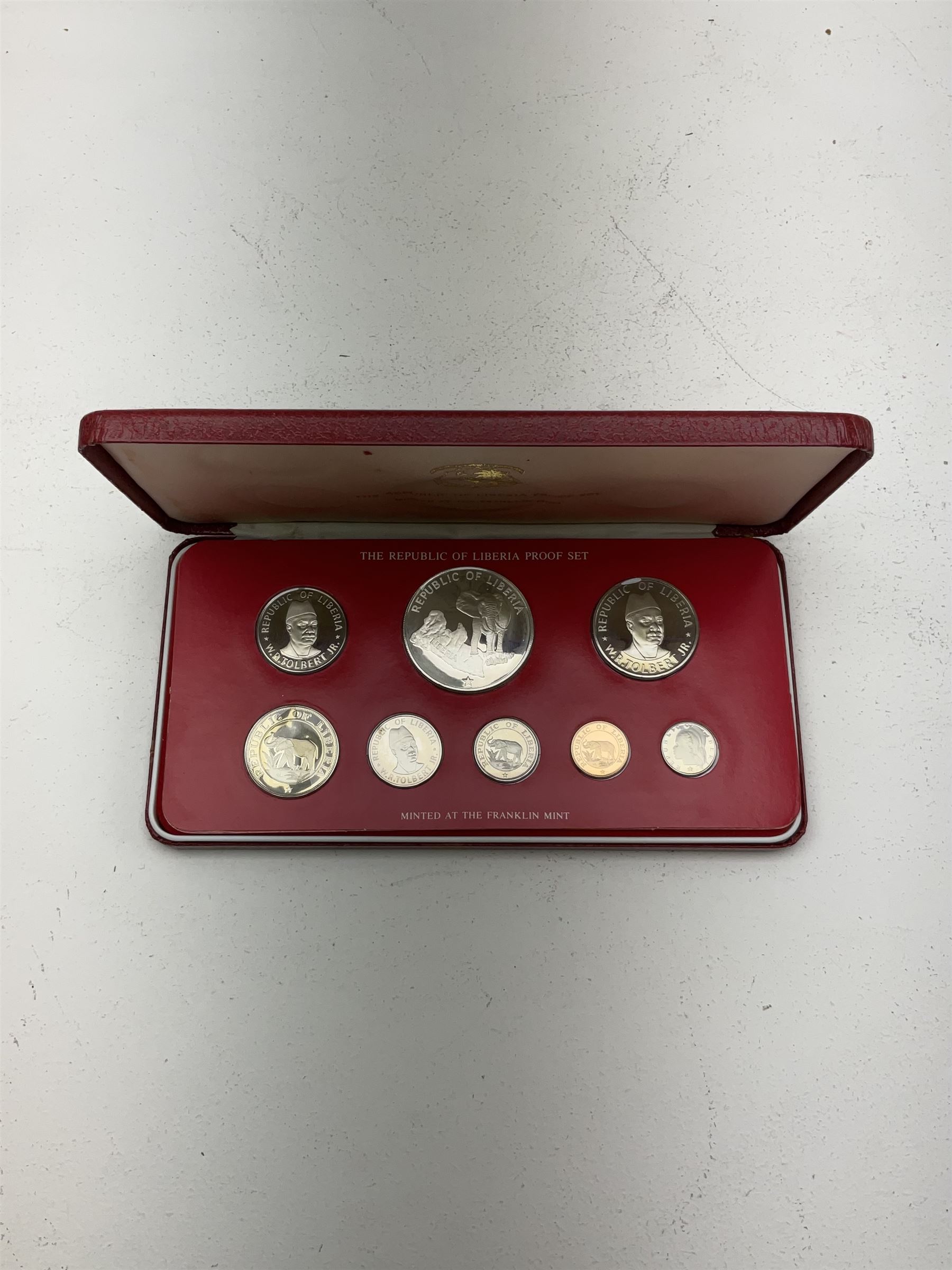 Coinage of Belize proof eight coin set, dated 1975, all coins in sterling silver, from one cent to ten dollars, produced by The Franklin Mint and two Republic of Liberia proof coin sets dated 1976 and 1978, all cased 