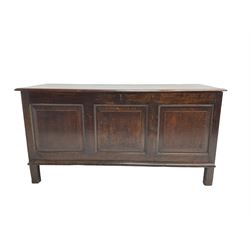 Large 18th to early 19th century oak coffer, rectangular hinged lid over panelled sides, on stile supports