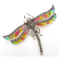  Plique-a-jour and marcasite silver dragonfly brooch, stamped 925  