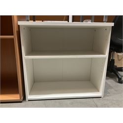 Beech effect table and bookcase with white open front storage cabinet. - THIS LOT IS TO BE COLLECTED BY APPOINTMENT FROM DUGGLEBY STORAGE, GREAT HILL, EASTFIELD, SCARBOROUGH, YO11 3TX