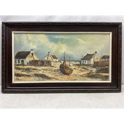Marie Rheeder (South African 20th century): Coastal Houses, oil on canvas signed 45cm x 90cm