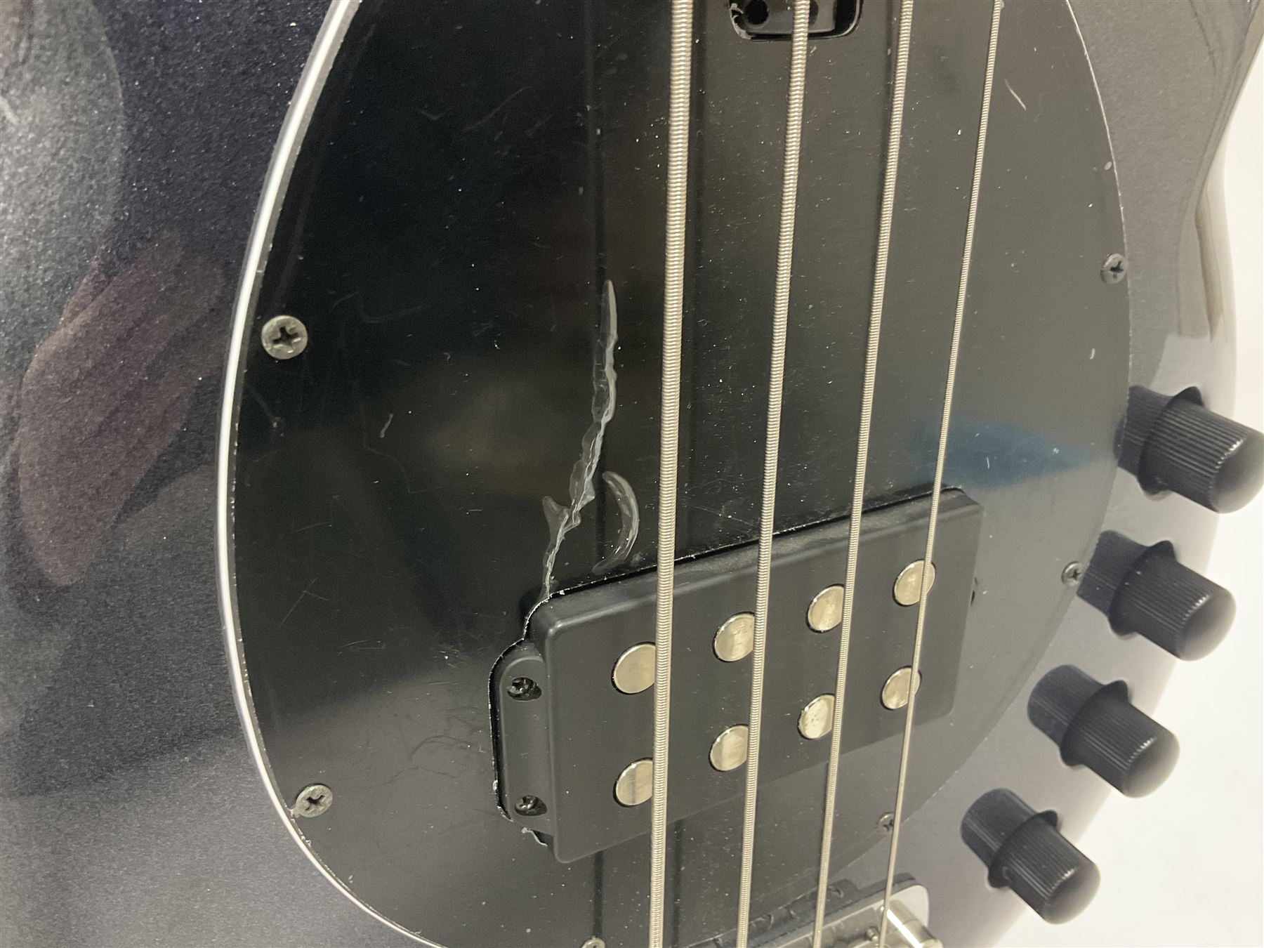 Music Man Bongo 4 string bass guitar, in sapphire black finish, serial no F42547, in black Music Man hard case, guitar L113cm