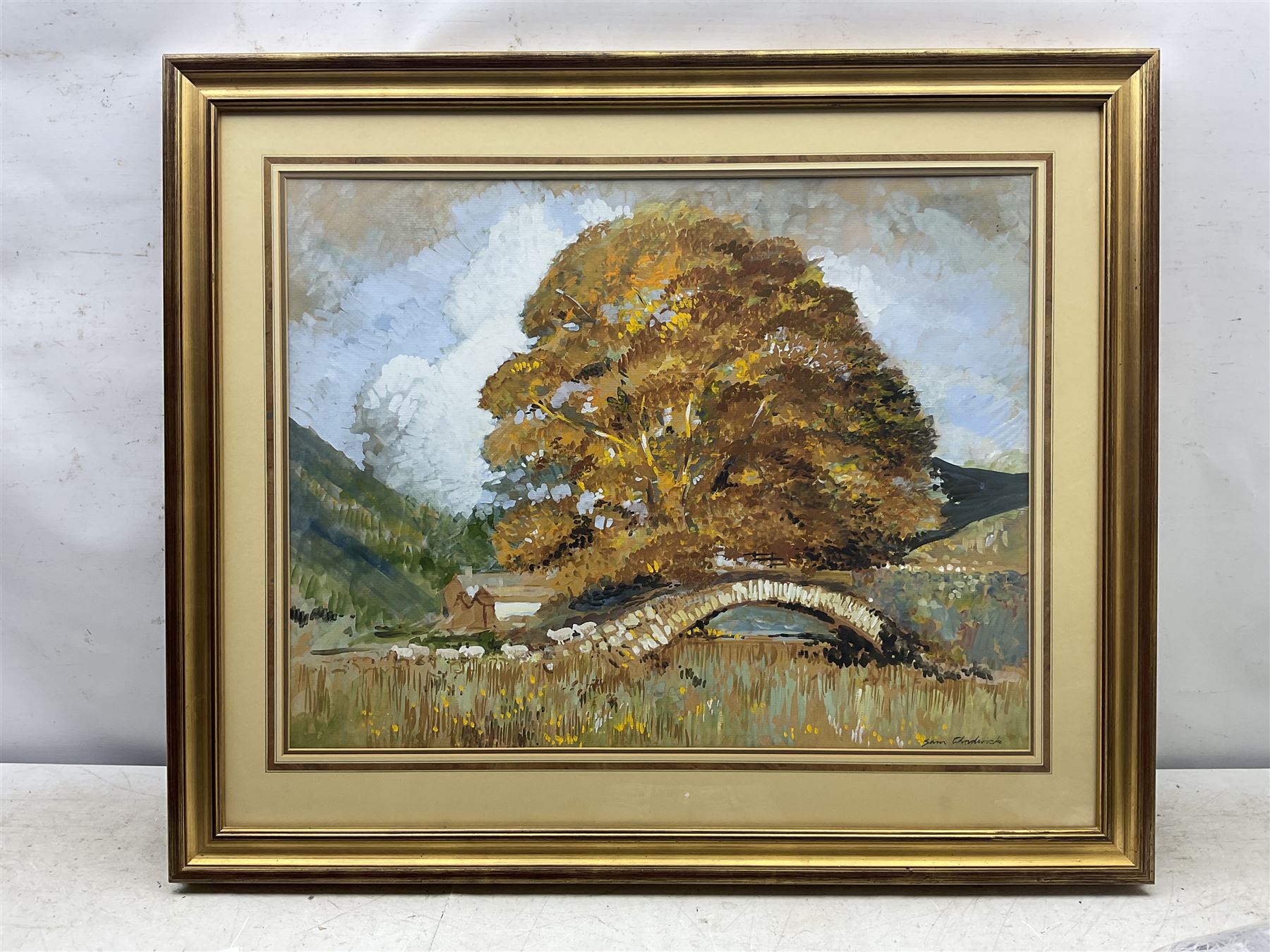 Sam Chadwick (British 1902-1992): Old Stone Bridge and Autumn Trees, gouache signed 51cm x 66cm