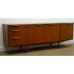  McIntosh teak sideboard, three graduating drawers, two cupboard doors enclosing a shaped shelf, single fall front unit, tapering supports, W202cm, H74cm, D48cm  