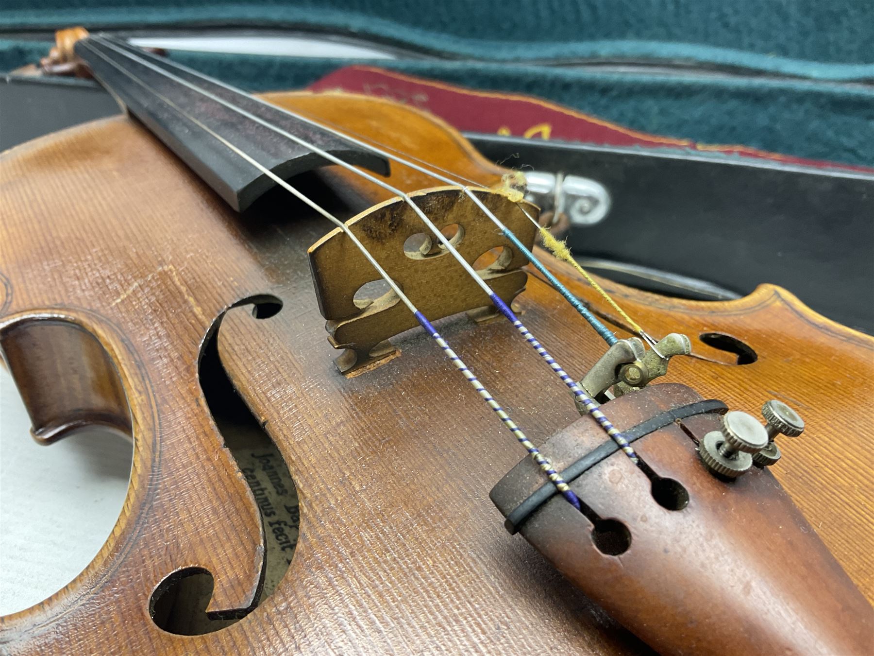 French violin c1900 labelled Guadagnini with 35.5cm two-piece maple back and ribs and spruce top, labelled 'Joannes Baptista Guadagnini Pla Centinus Fecit Mediolani 17**' L59cm overall; in hard carrying case
