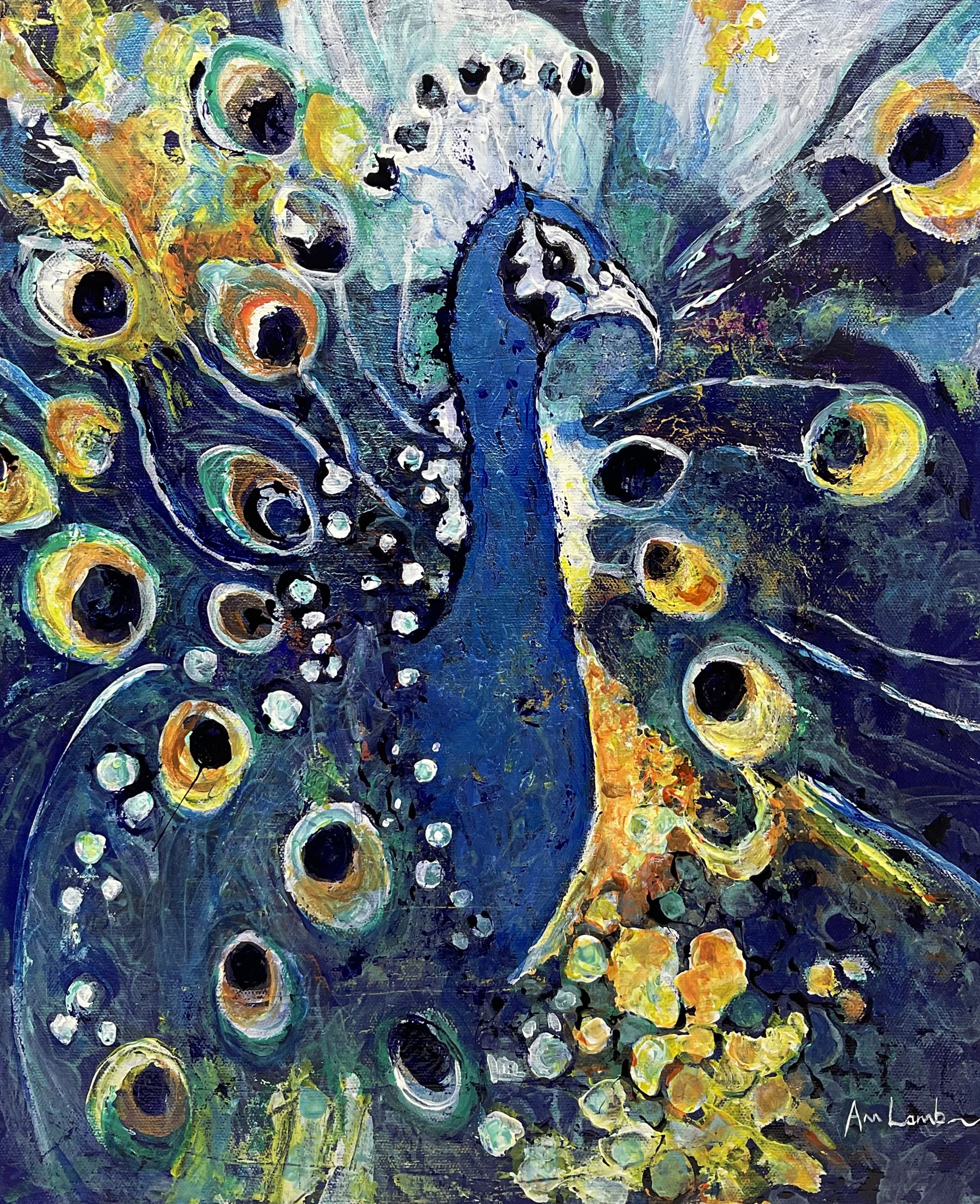 Ann Lamb (British 1955-): Peacock, mixed media on canvas signed 46cm x 38cm (unframed)