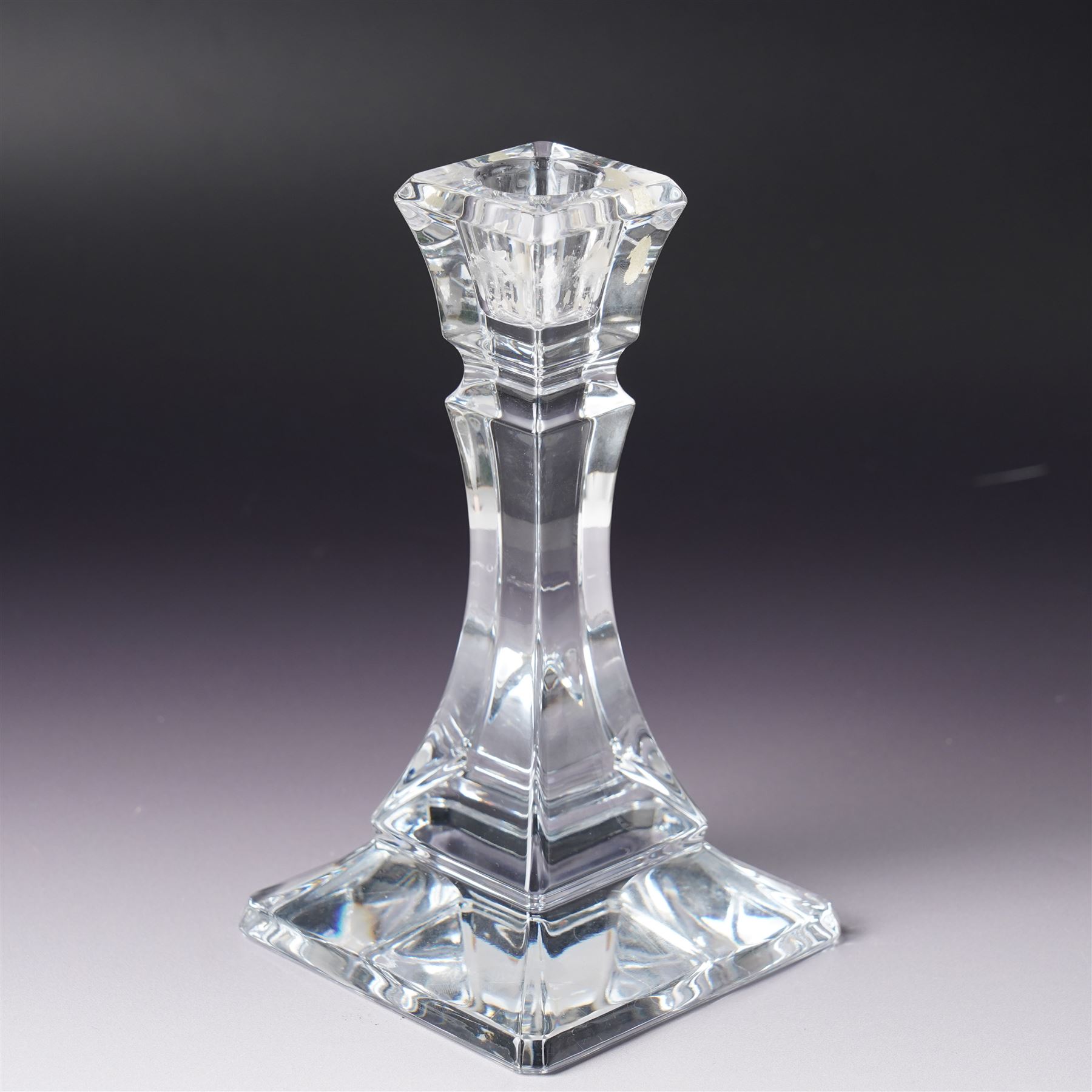 WMF glass decanter, designed by Jette Joop, on steel stand, boxed, H23cm; Tiffany & Co glass candlestick, marked to base, H18cm (2)