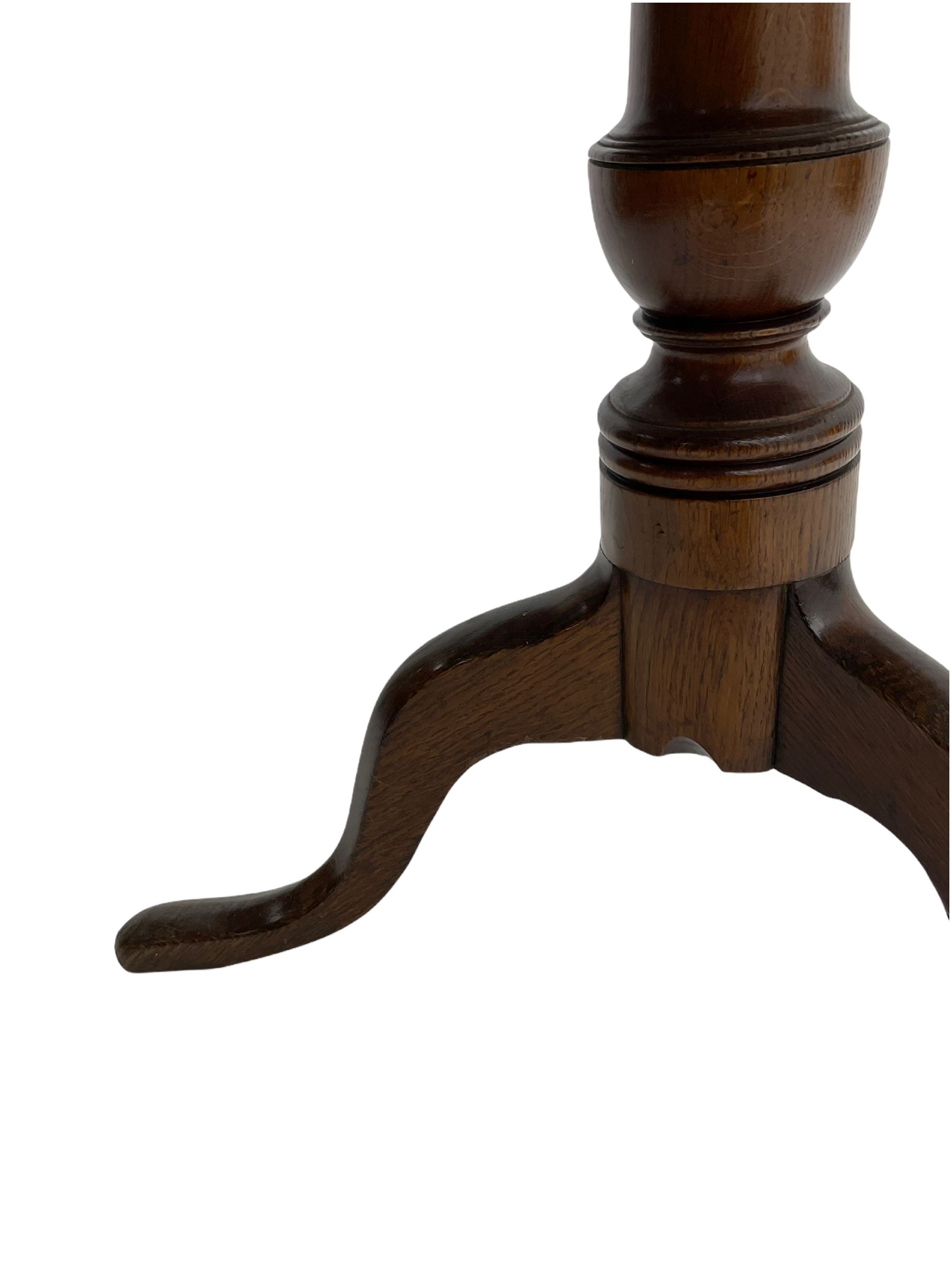 19th century oak pedestal table, circular snap top, tripod base