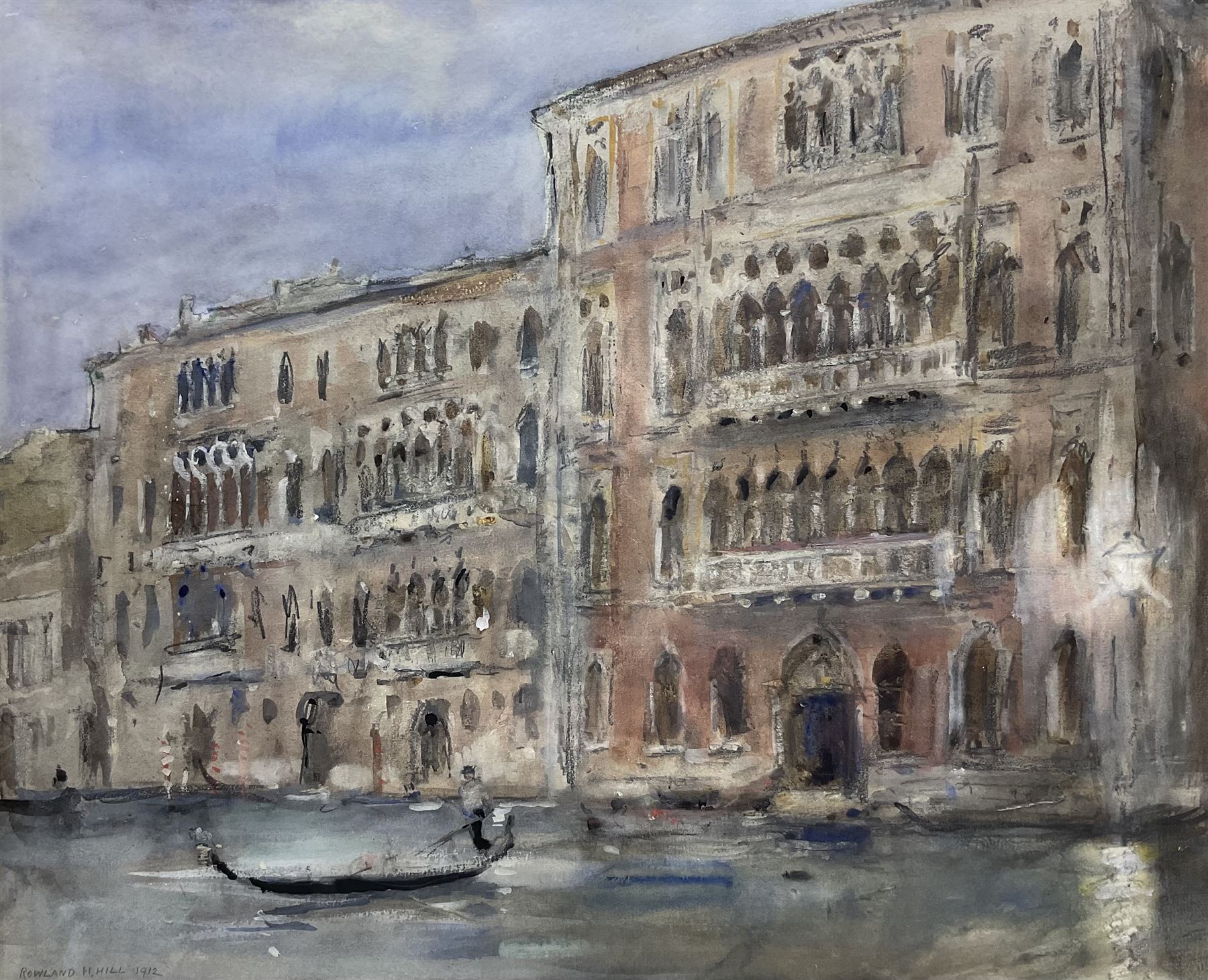 Rowland Henry Hill (Staithes Group 1873-1952): Gondoliers on the Grand Canal - Venice, watercolour signed and dated 1912, 36cm x 44cm