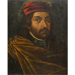 English School (18th century): Portrait of a Gentleman in Historical Scottish Military Costume wearing a Gorget and 'Tam o' Shanter', oil on canvas inscribed 'SCOT A.D. 1532', 53cm x 41cm