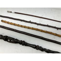 Collection of Victorian and later walking sticks and canes to include five silver mounted examples with hallmarks for Birmingham and London etc, umbrellas etc