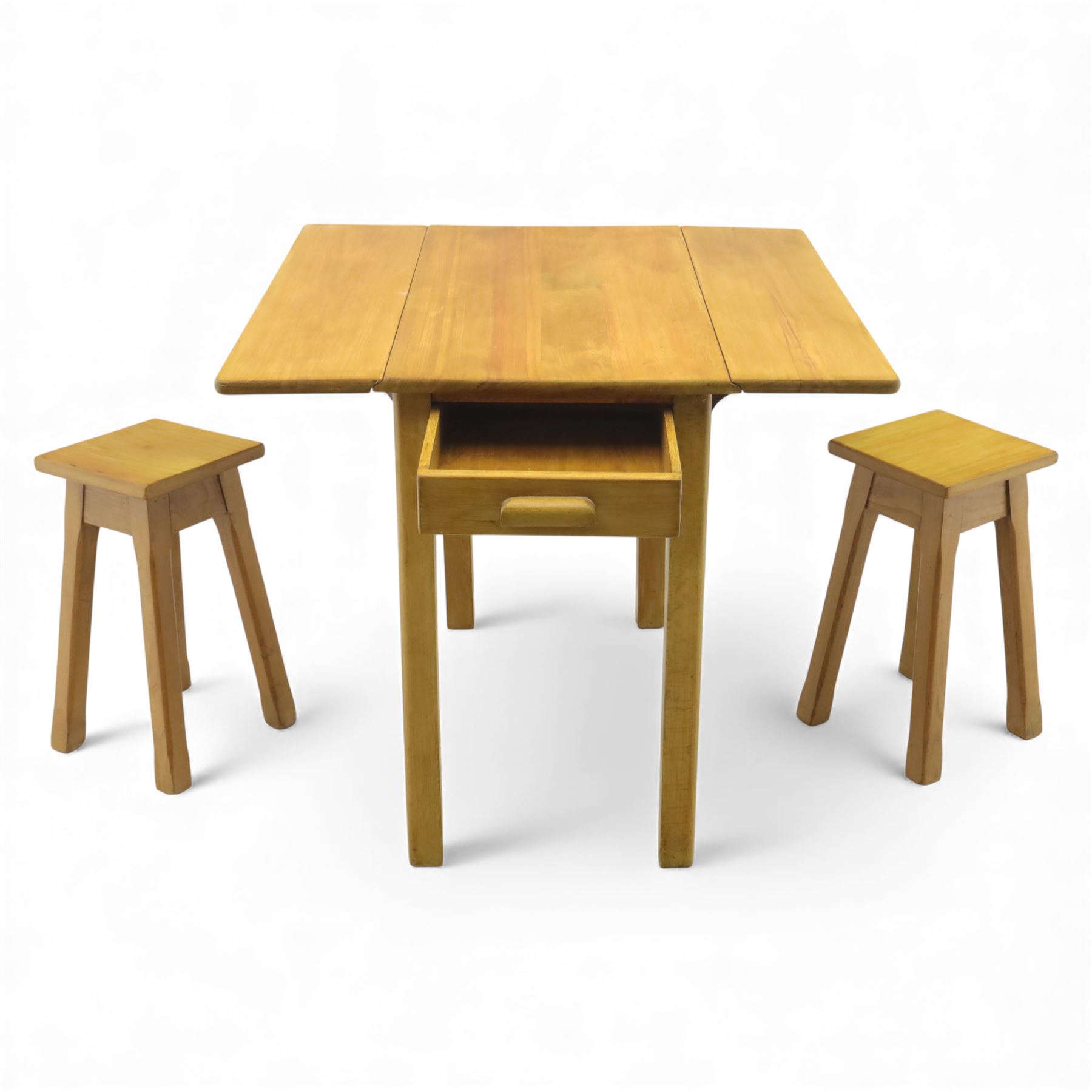 Late 20th century pine kitchen table and two stools, the rectangular drop-leaf table with straight legs, together with two square-topped stools 
