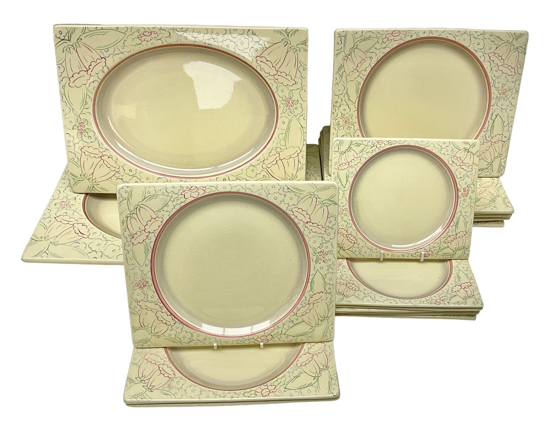 Clarice Cliff Biarritz part dinner set, circa 1930, for Royal Staffordshire, of rectangular form, decorated with bluebells, to include one serving plate, six dinner plates, three side plates, etc, printed mark beneath with reg no 784849 (17)
