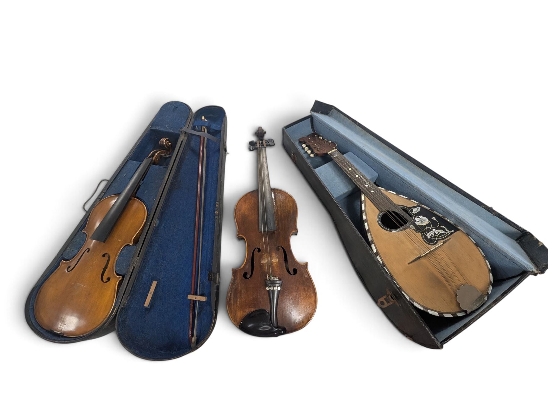 Two violins, including Excelsior example in coffin case and one with spurious William Duke label, and a Luigi D'Ancora mandolin