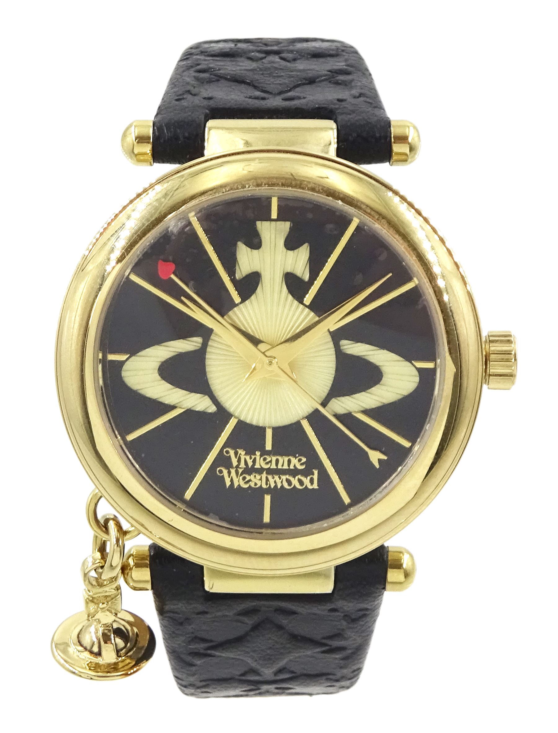 Vivienne Westwood Orb gold-plated quartz wristwatch, on original black leather strap, boxed
