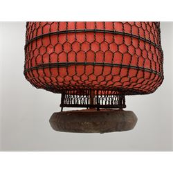Large pair Chinese style late 20th century ceiling lanterns, cylindrical metal wirework and red paper, H81cm (excluding chain), D38cm