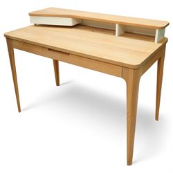 Ebbe Gehl for John Lewis - ‘Mira’ oak desk, rectangular top with raised twin-shelf gallery in contrasting cream finish,  single central drawer with recessed pull, on tapered supports