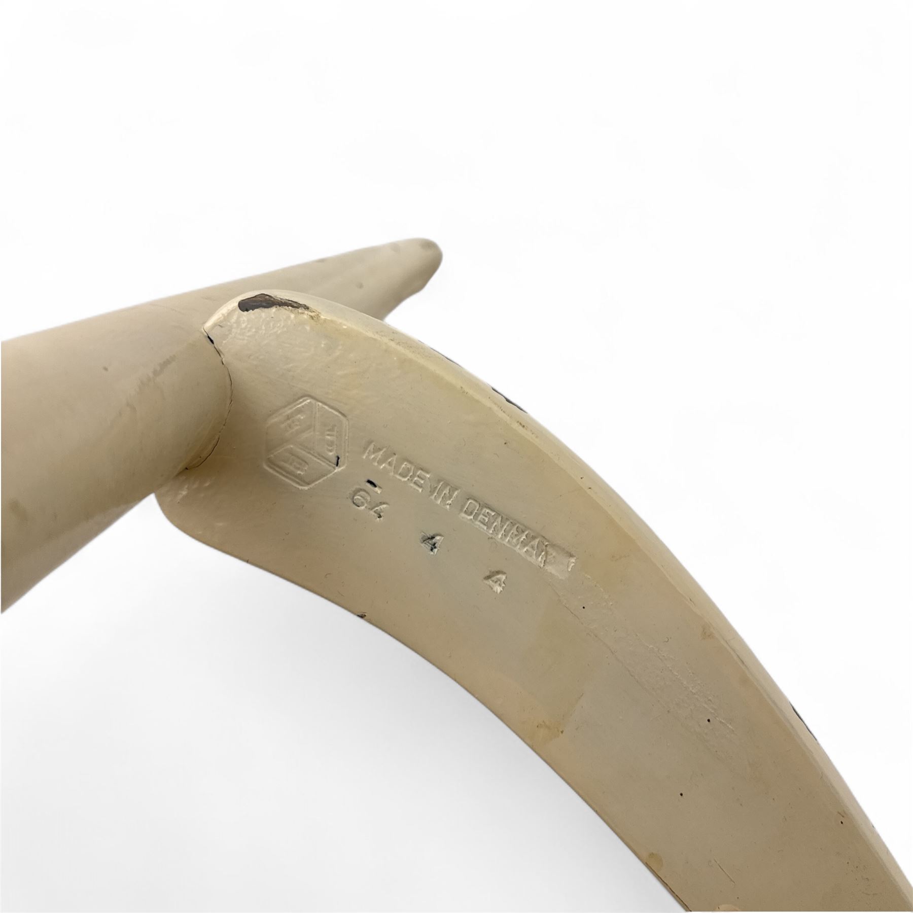 Mid-20th-century Scandinavian painted high-back rocking chair, curved top rail above slender spindle back, shaped arms with rounded ends above hand-woven rush seat, tapered rockers reinforced by turned stretchers 