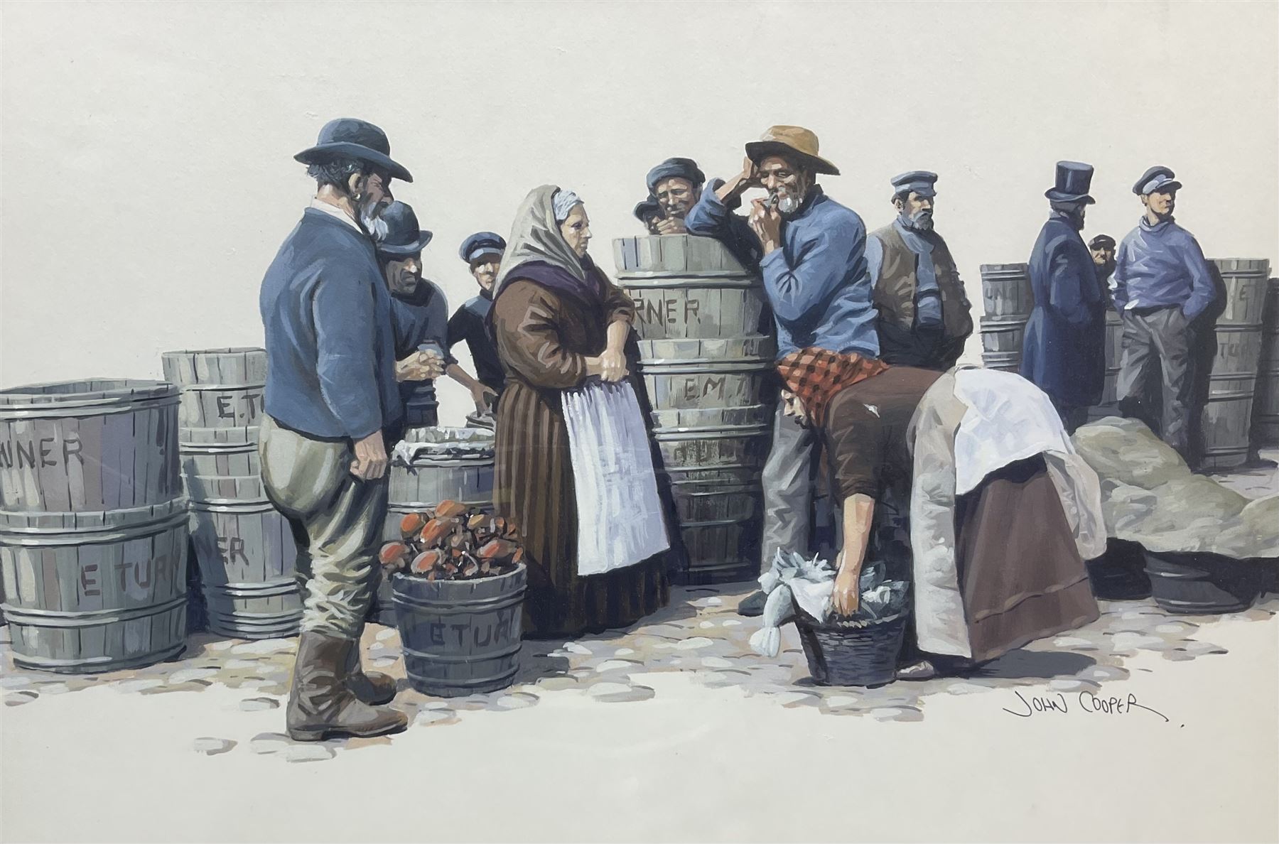 John Cooper (British 1942-) after Frank Meadow Sutcliffe (British 1853-1941): Fisherpeople at Coffee House Corner Where Fish Auctions Were Held (19-39B), gouache signed 37cm x 55cm