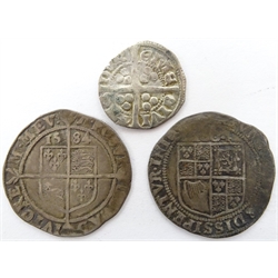  Three British hammered coins two sixpence pieces, 1584 and another with heavily worn date and a silver penny  