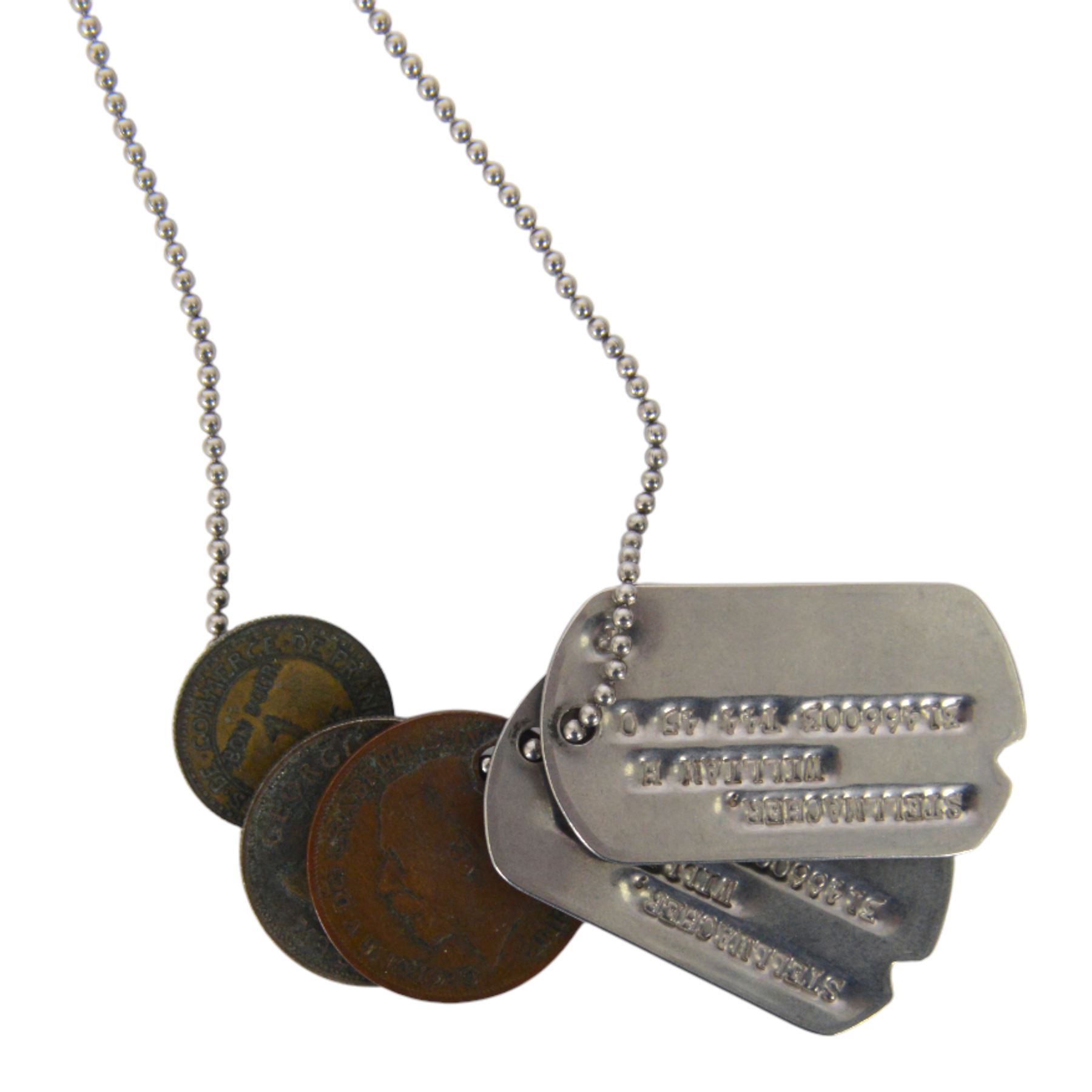 Selection of US army, navy  and air force insignia together with US Army WWII I.D. Tags on chain with British coins