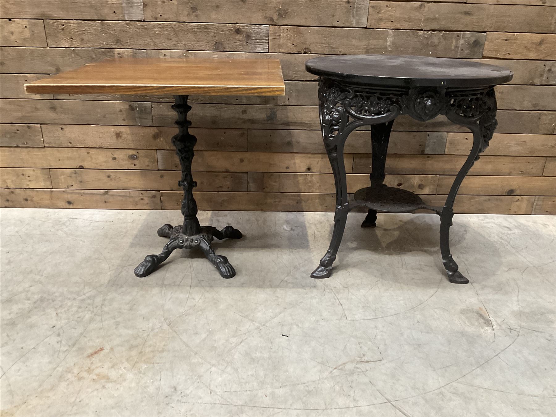 19th century cast iron Coalbrookdale design table with circular top (D66cm, H74cm) and a cast iron pedestal table with square top (W69cm, D70cm, H72cm)