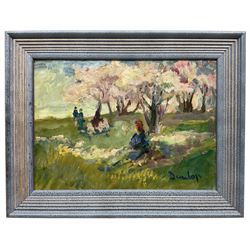 Ronald Ossory Dunlop (British 1894-1973): Girl Beneath the Blossom Trees, oil on board signed 18.5cm x 26cm