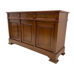 Contemporary cherry wood sideboard, rectangular moulded top over three drawers and three cupboards