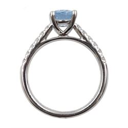 18ct white gold oval aquamarine ring, with diamond set shoulders, hallmarked, aquamarine approx 1.20 carat