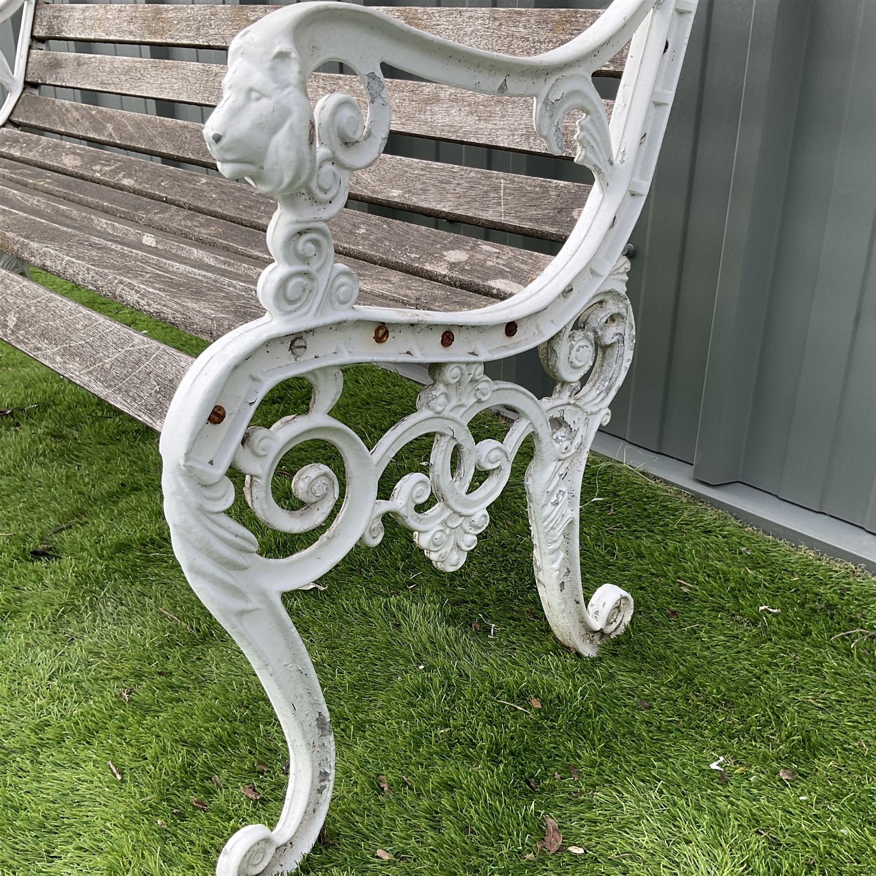 Cast aluminium and wood slatted garden bench painted in white  - THIS LOT IS TO BE COLLECTED BY APPOINTMENT FROM DUGGLEBY STORAGE, GREAT HILL, EASTFIELD, SCARBOROUGH, YO11 3TX