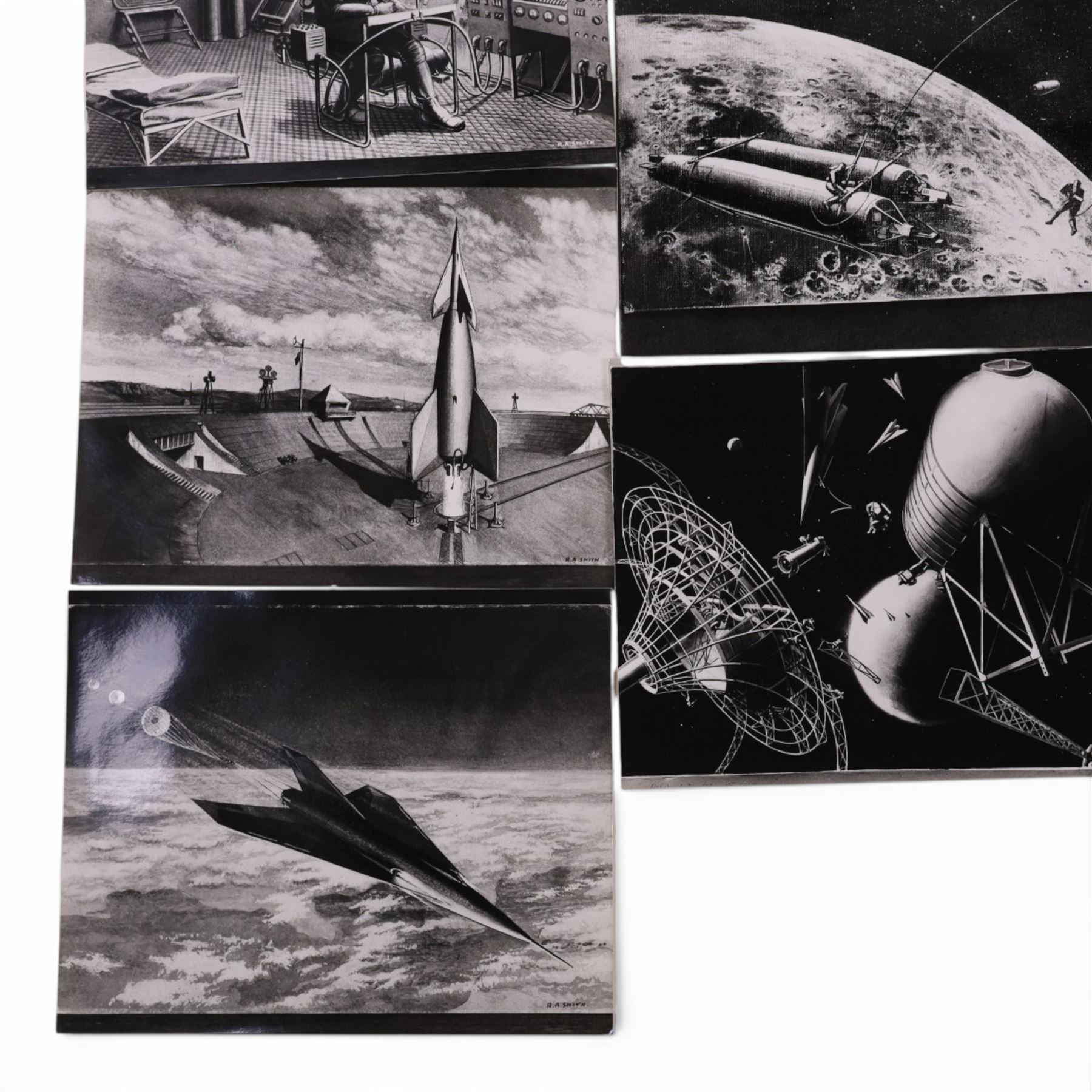 Fourteen black and white photographs of artwork by Ralph Andrew Smith, including images used in 'The Exploration of Space', a sketch of auto probe rocket for planetary survey and Inside Lunar City, etc, two with annotations written by Arthur C Clarke verso, H20, W25cm

Notes: This item is from the private collection of Arthur C. Clarke's brother.