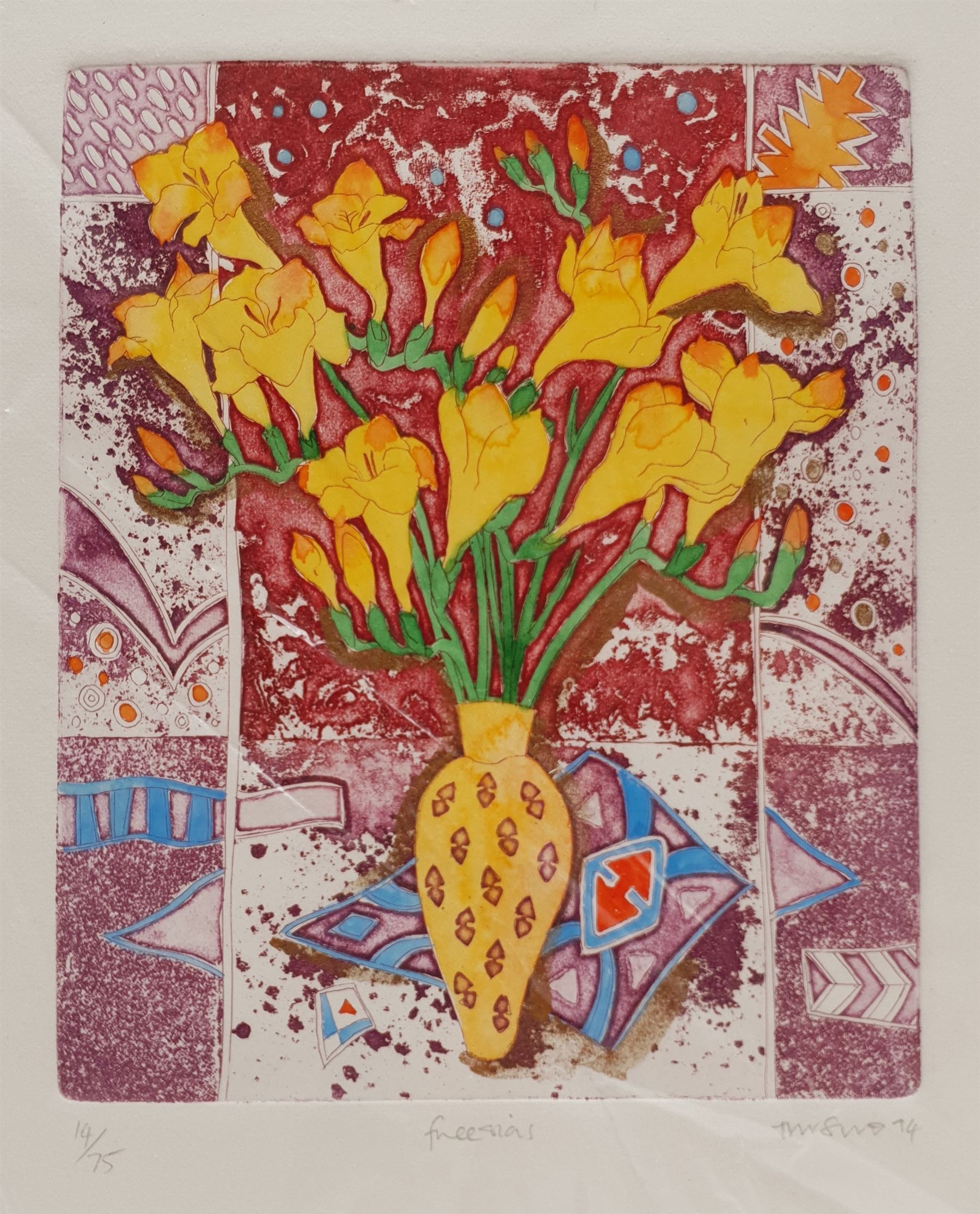 Tanya Short (British 1955-): 'Freesias', coloured etching signed titled and numbered 14/75, 15cm x 12.5cm; J Ortega (Contemporary): Iris and Tulip, pair coloured aquatints signed and numbered 50cm x 10cm (3) (unframed)