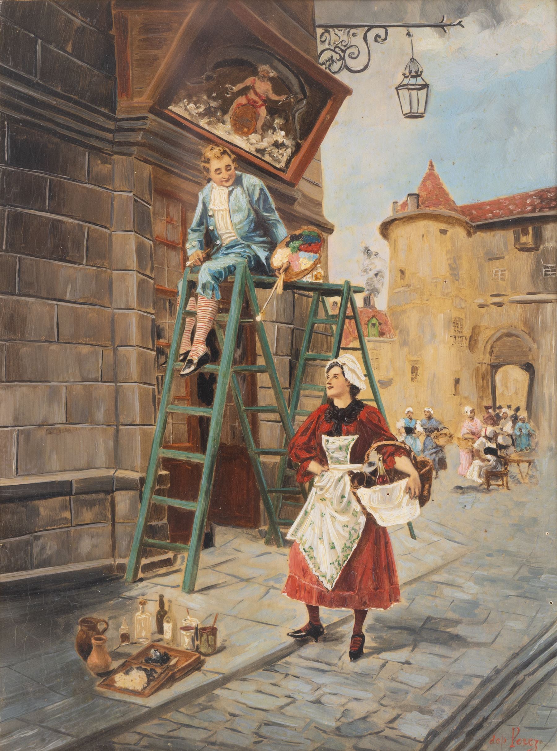 Continental School (20th Century): The Painter of Signs and Dutch Girls, pair overpainted prints on panel indistinctly signed 28cm x 20cm (2)